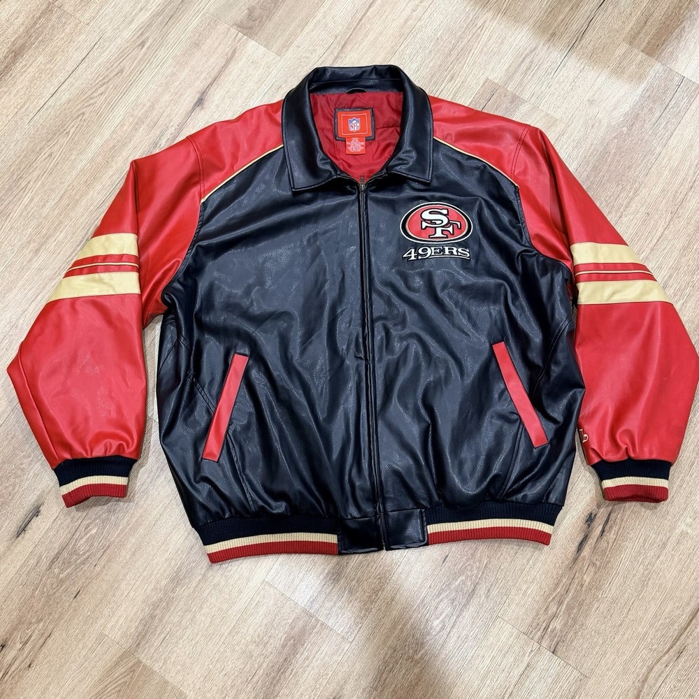 NFL San Francisco 49ers Vintage Faux Leather Jacket Red Black Men's Size 4XL‎